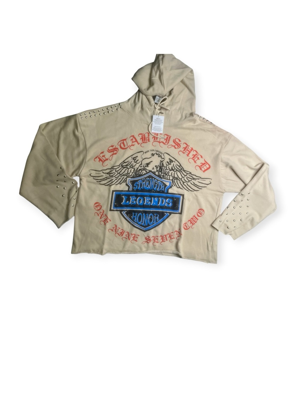 Sz 2xl Beige Graphic Hoodie with Stud Details